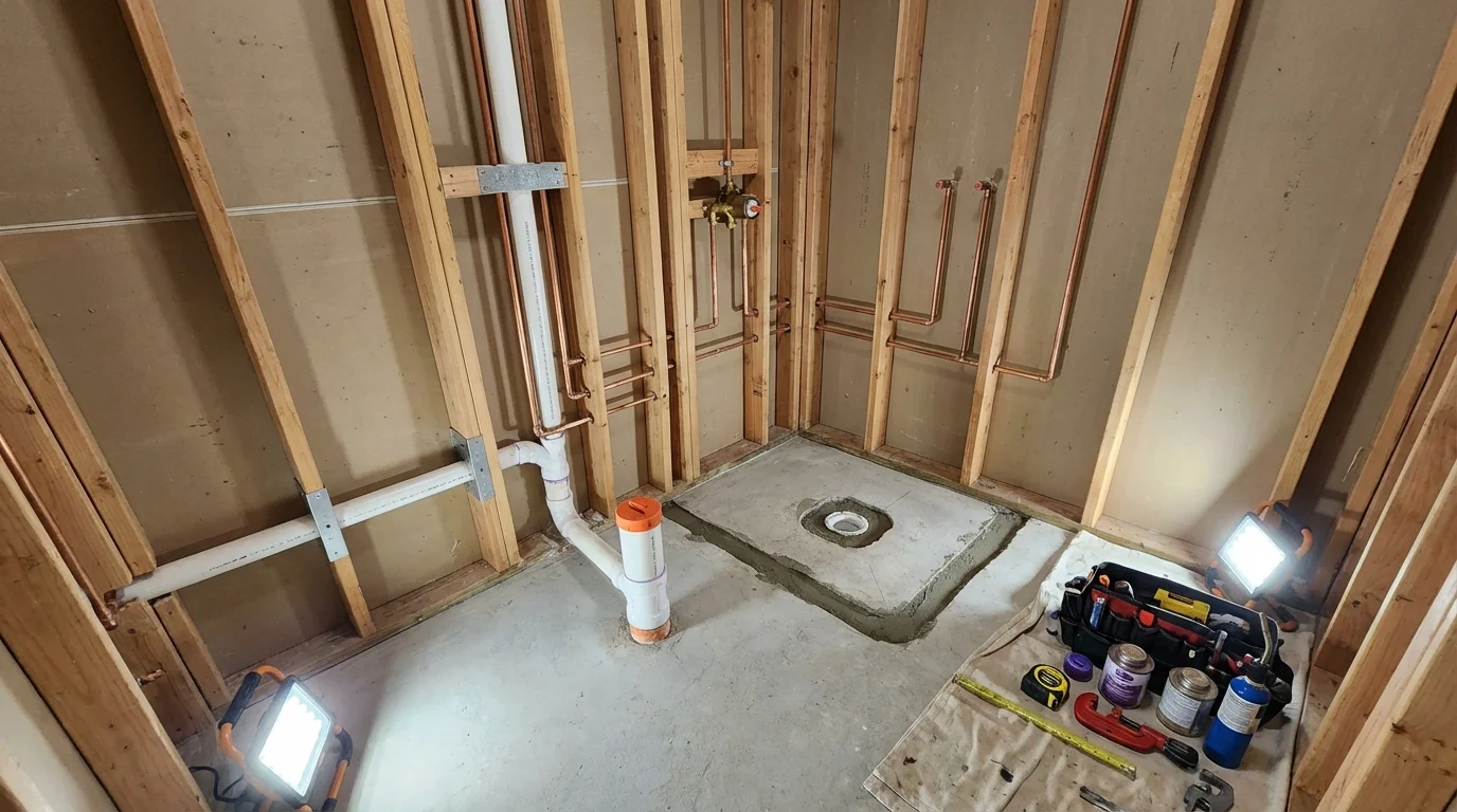 Bathroom rough-in plumbing during remodel by Johns Plumbing LLC in Adjuntas