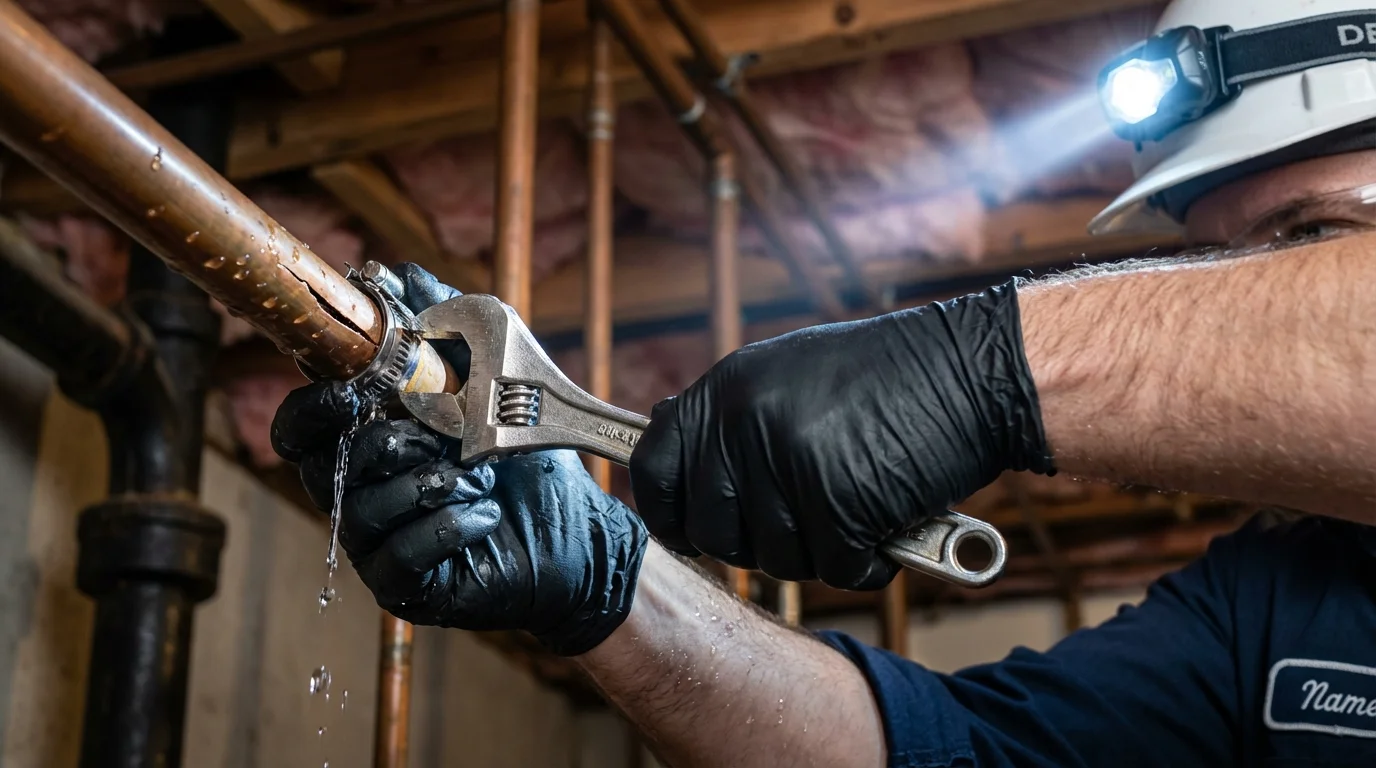 Emergency pipe clamp repair being performed by a Johns Plumbing LLC plumber in Adjuntas