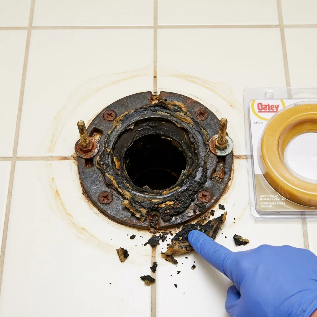Failed wax ring showing water seepage at the base of a toilet in a Adjuntas, PR home