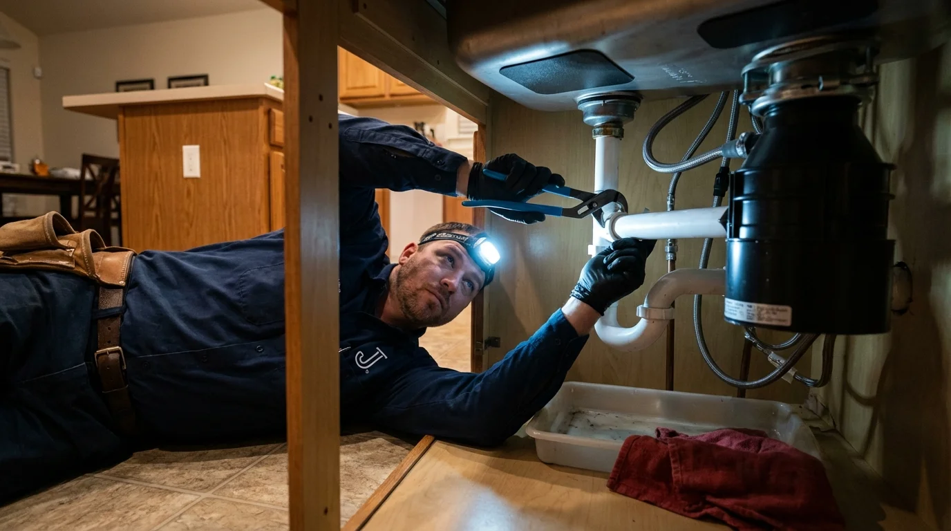 P-trap and supply line connections under a kitchen sink showing a common leak point in Adjuntas, PR